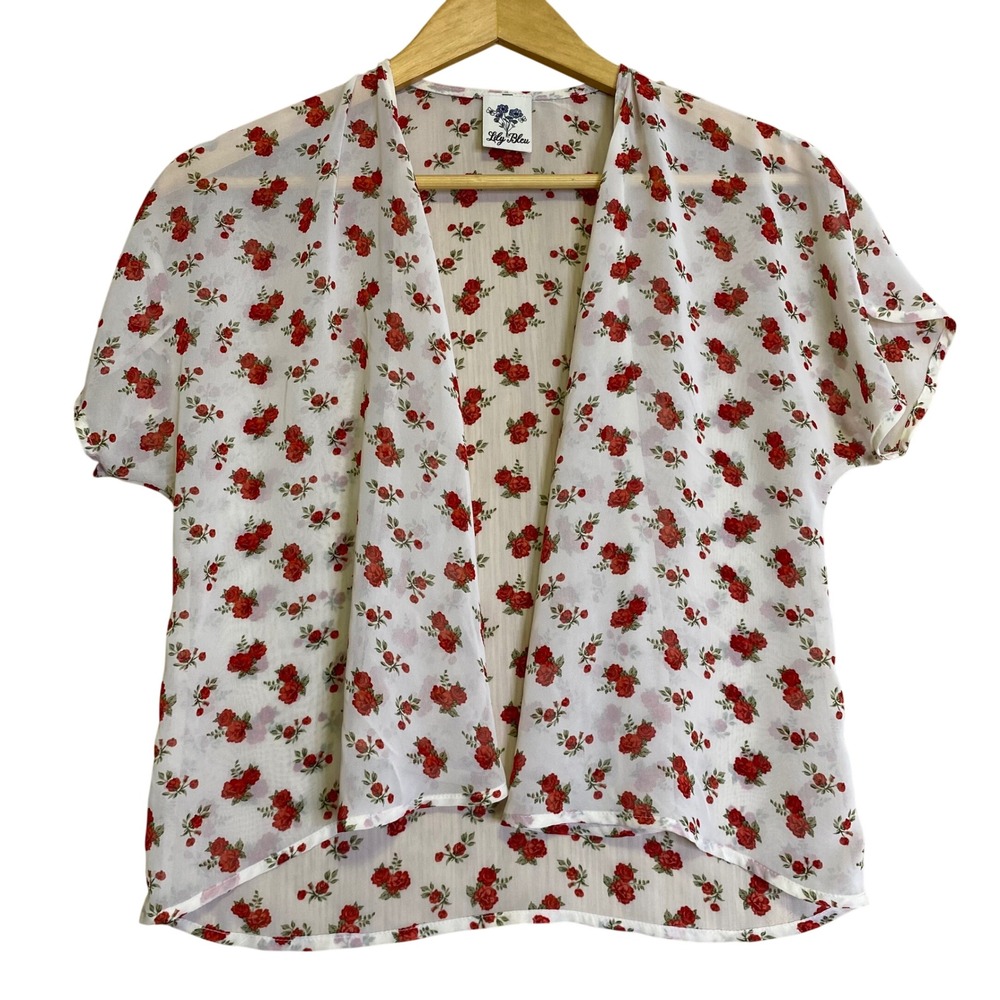 Lily Bleu Girls S 7/8 Kimono‎ Top White Red Rose Sheer Cover Shabby Weddings